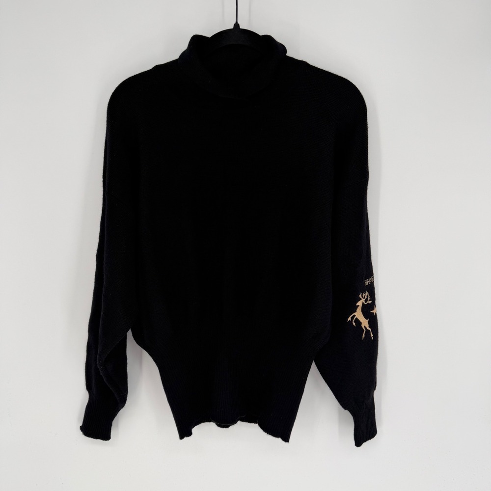 Vintage 90s BOGNER Ski Sweater Medium Black Gold Deer Embroidered Turtleneck